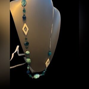 Vintage Green and Blue Beaded Necklace 36”
